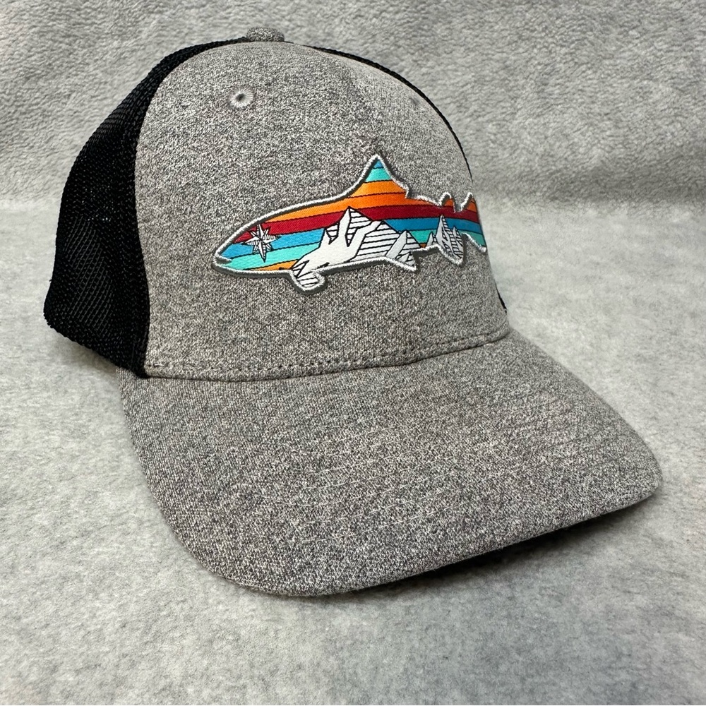 LRD Hat Cap‎ Adult Medium Gray Black Mesh Fitted Colorful Fish Mountain Outdoor